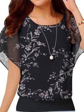 Chiffon Casual Tops for Women Ruffle Short Sleeve T Shirt Loose Blouse Top